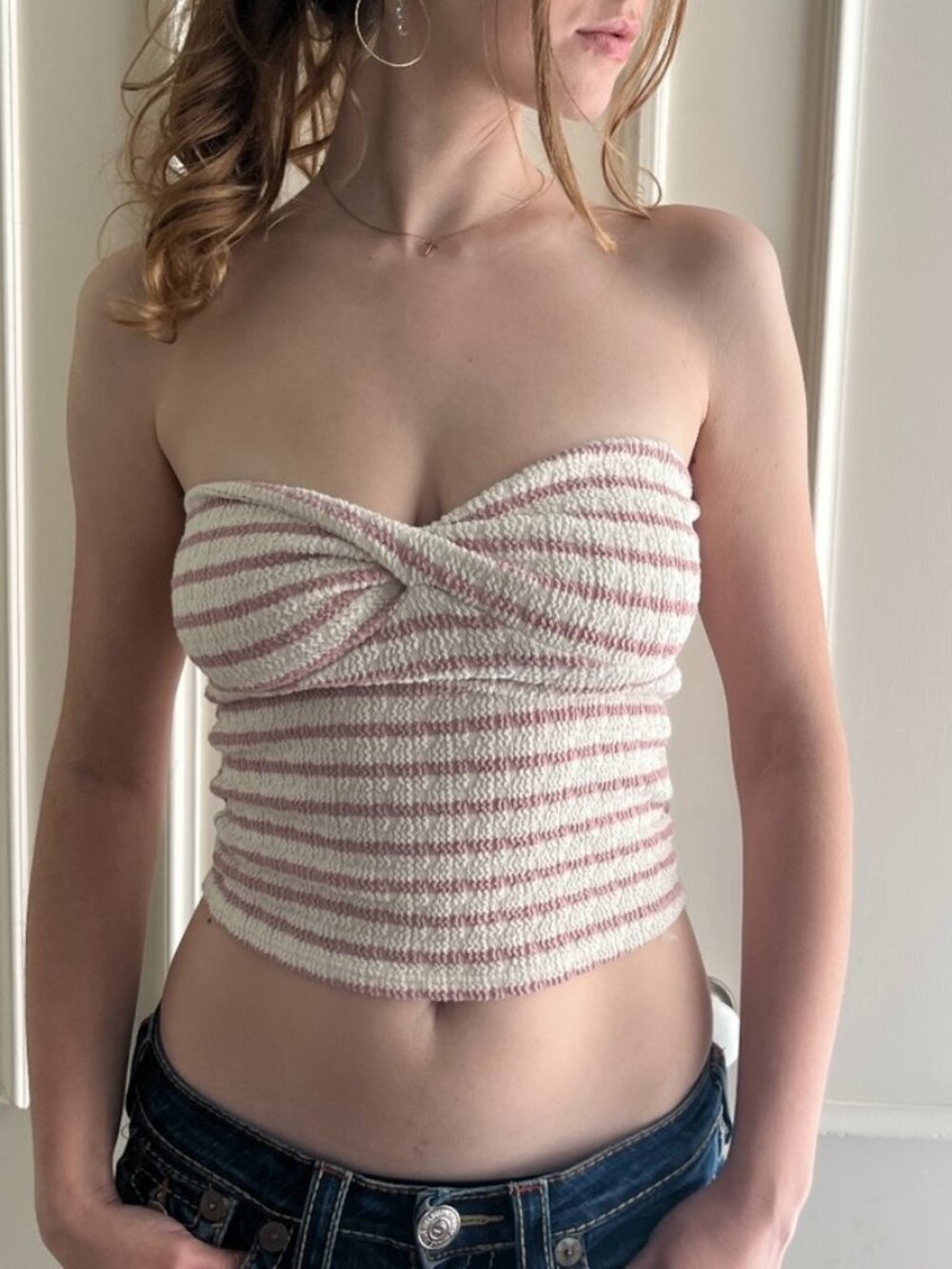 Pink & Cream Ribbed Twist-Front Bandeau Tube Top